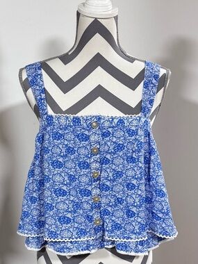 Free People Sweet Caroline Blue White Floral Cropped Flowy Tank Top Size S EUC